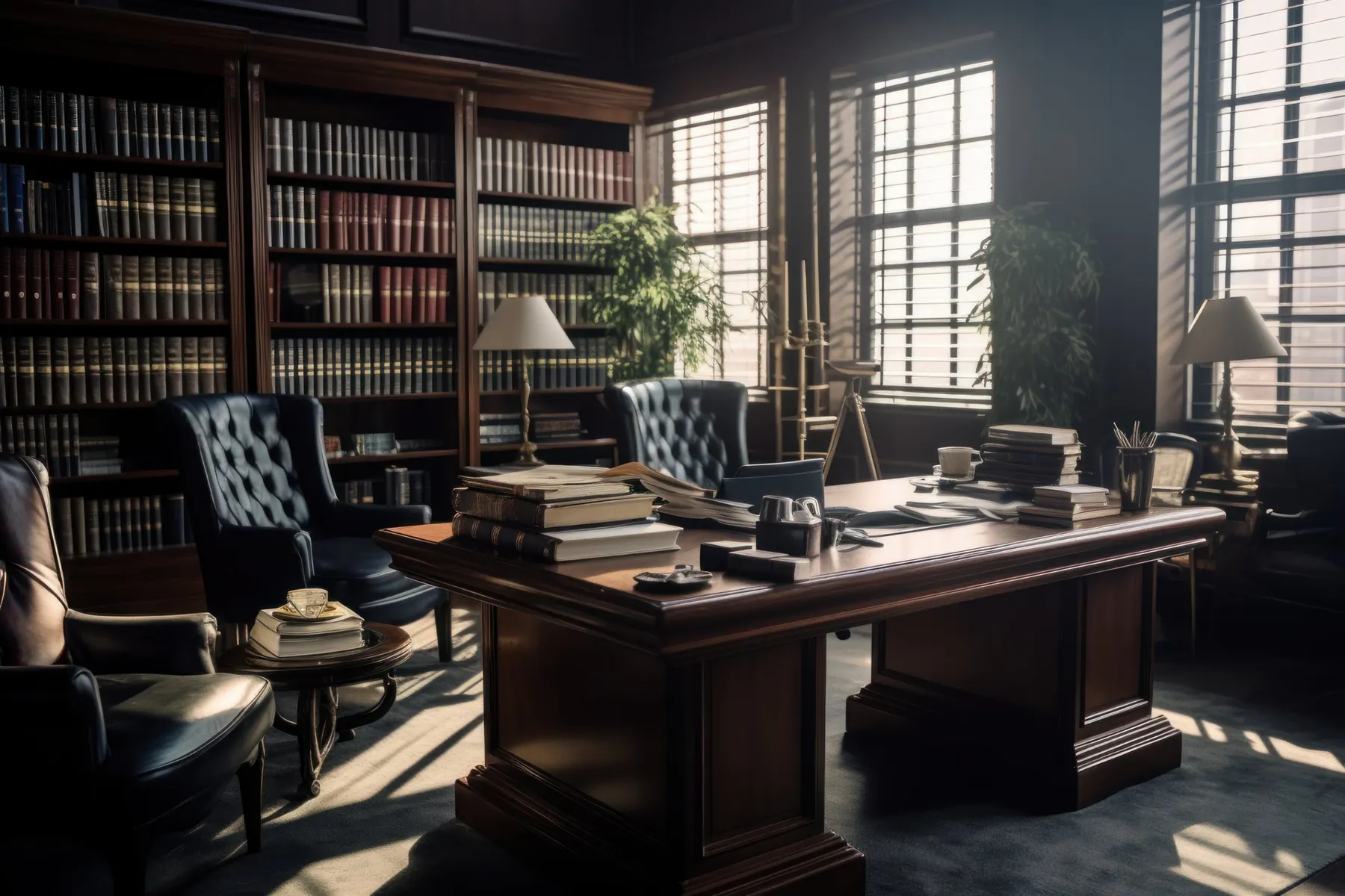 Law office with bookshelves and a wooden desk